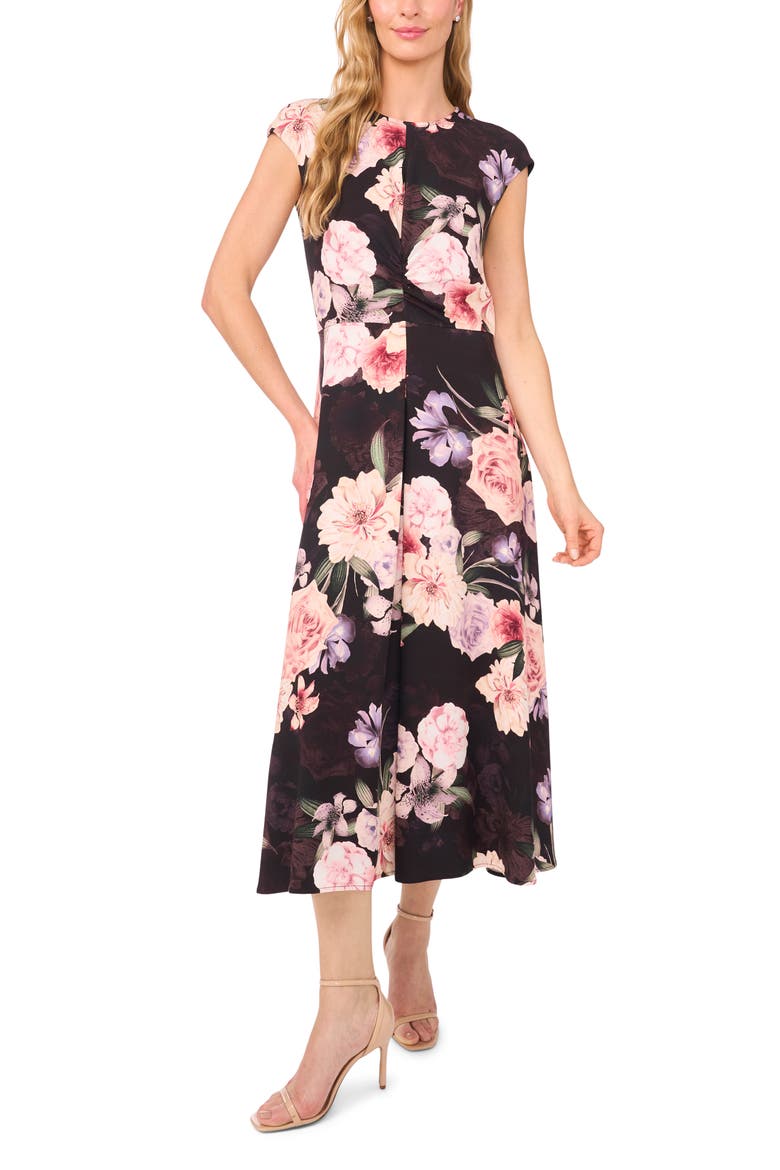 Gabriela Floral Dress, Main, color, BLACK/ CORAL PINK