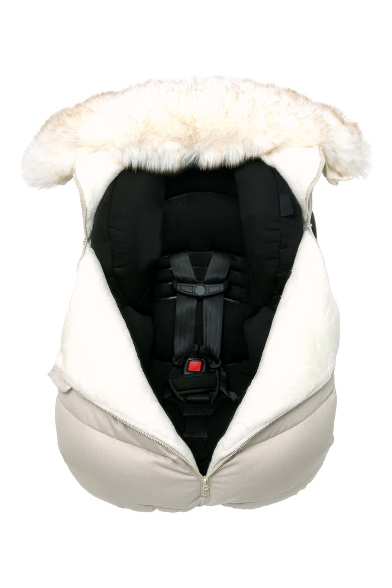 Water Repellent Faux Fur Trim Car Seat Cocoon, Alternate, color, BEIGE HEATHER WHITE FUR