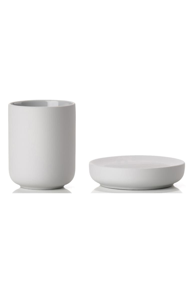 Ume Soap Dish & Toothbrush Mug Stoneware Set, Main, color, SOFT GREY