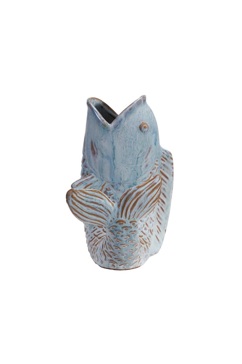 Stoneware Fish Shaped Vase with Reactive Glaze, Blue, Alternate, color, Blue