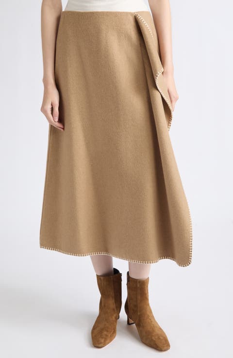 Blanket Stitch Wool Blend Wrap Midi Skirt