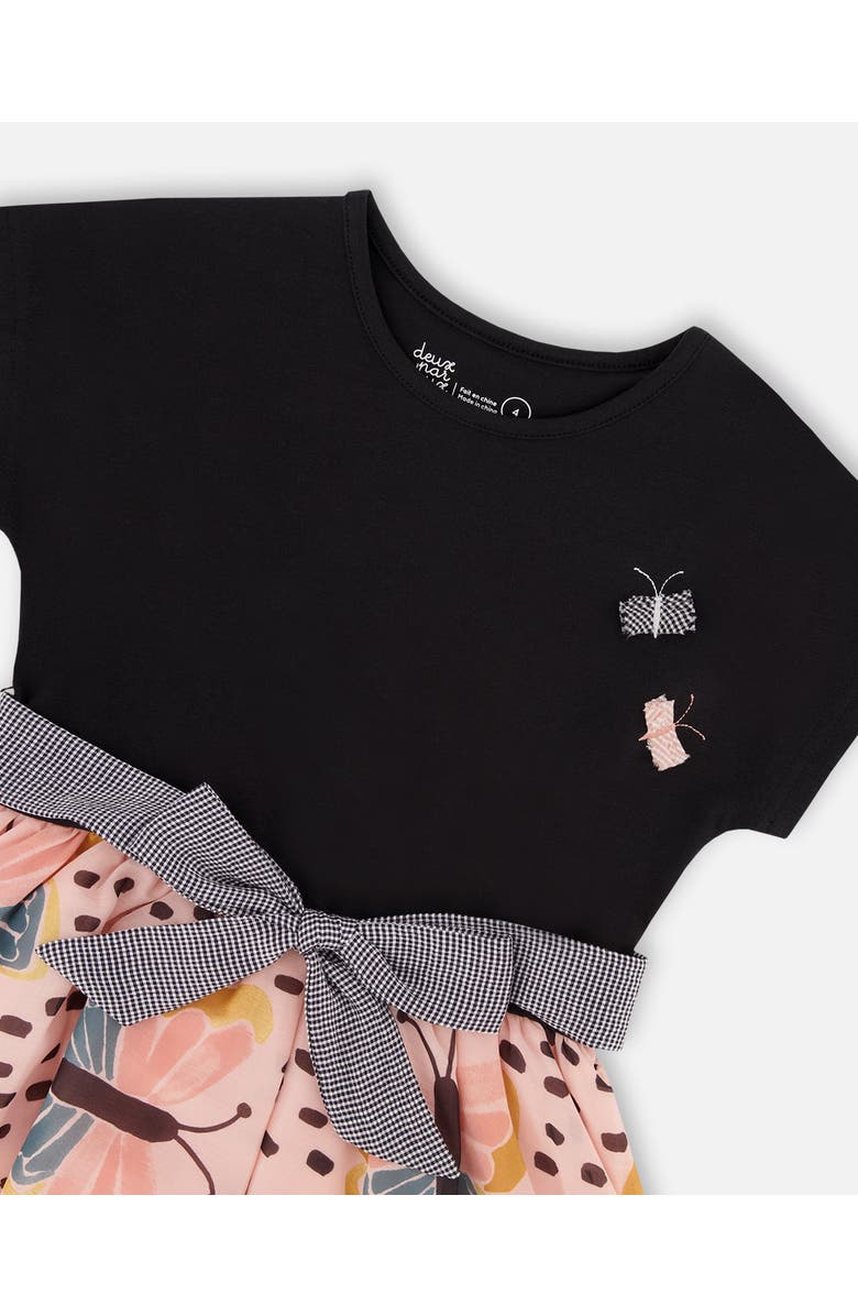 Deux par Deux Girl's Bi-Material Dress With Printed Skirt Black, Pink, And Butterflies, Alternate, color, 