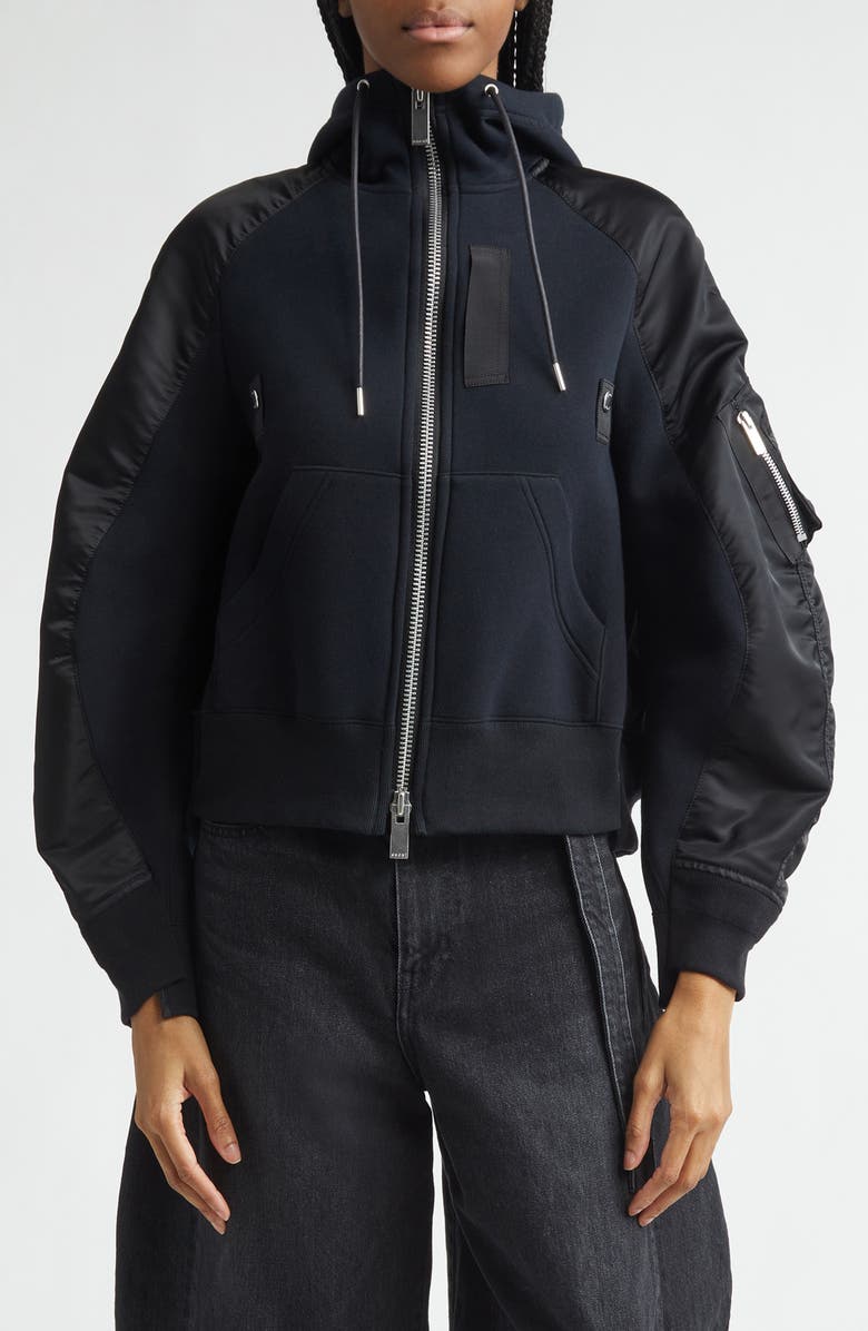 Sacai Sponge Sweat x Nylon Twill Full Zip Hoodie, Main, color, Black