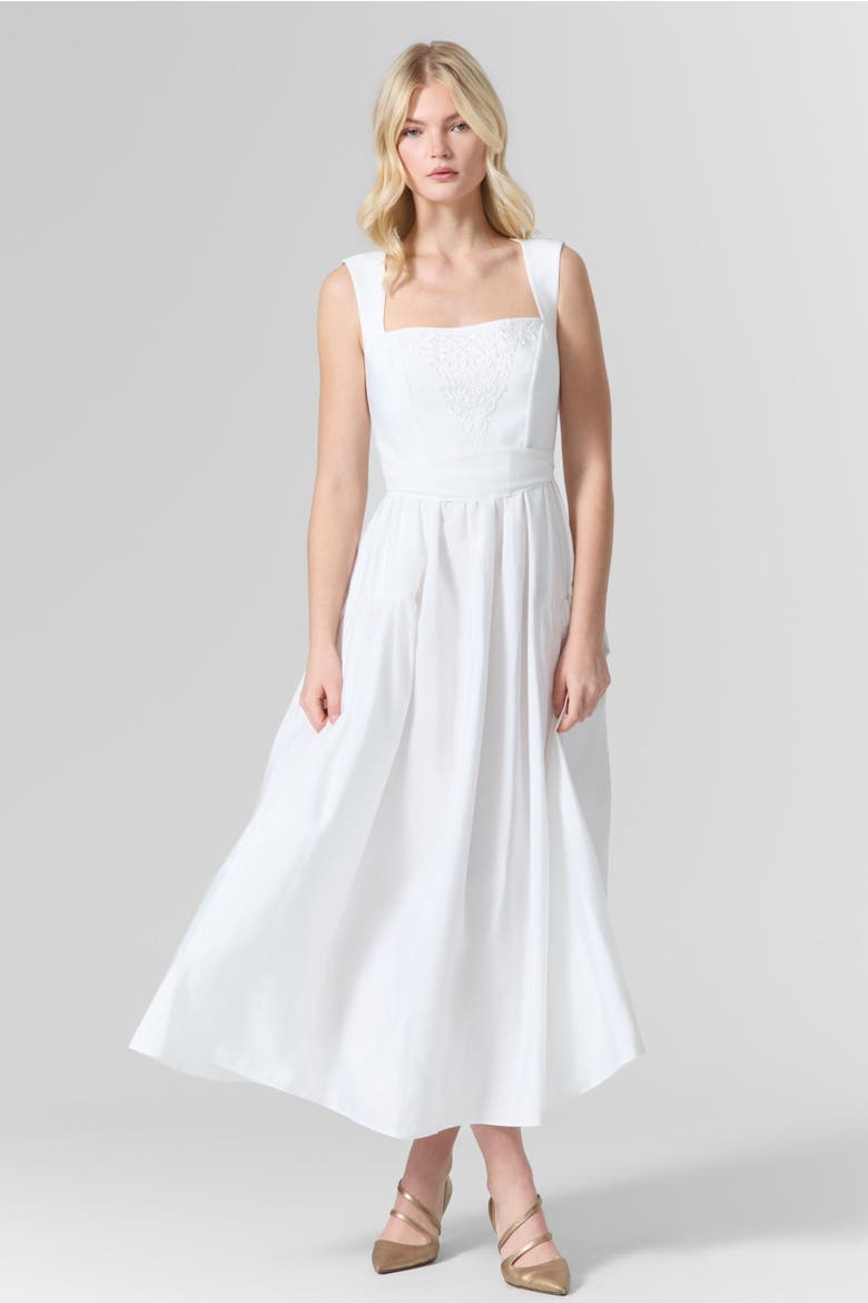 Belted Taffeta Embroidered Midi Dress, Alternate, color, White