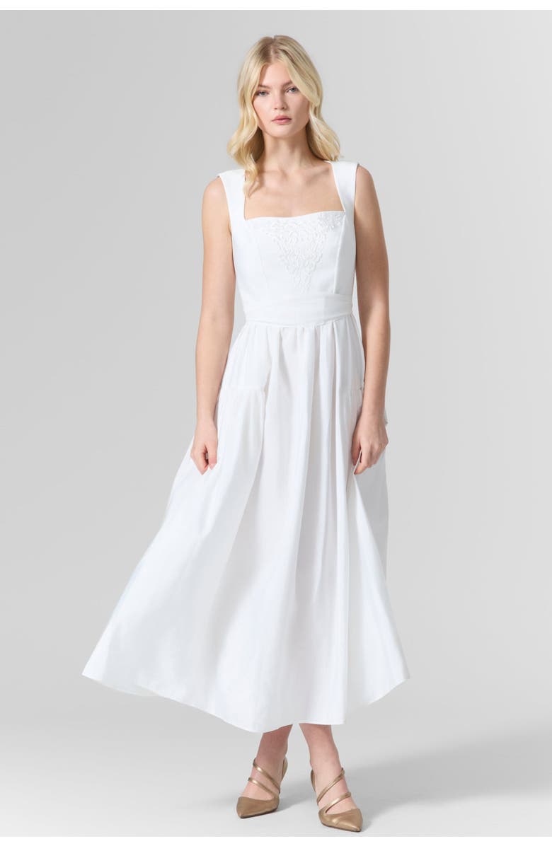 Le Fafo Belted Taffeta Embroidered Midi Dress, Alternate, color, White