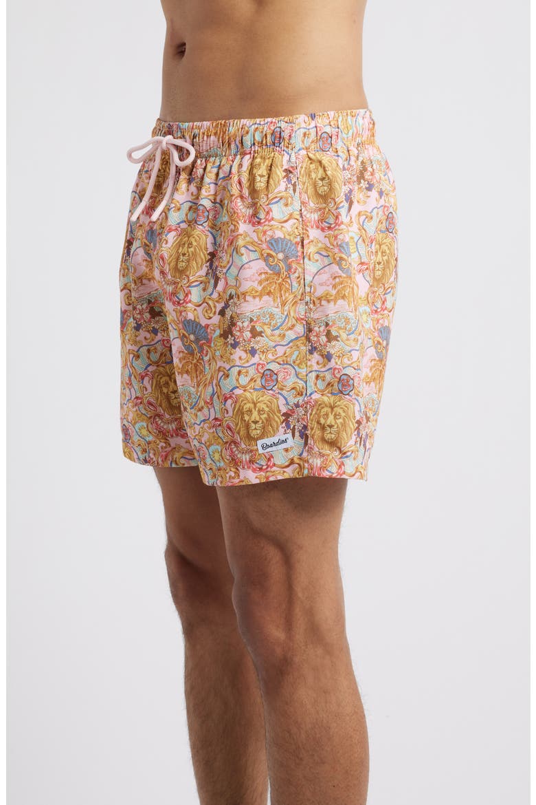 Leo Lion Print Premium Mid Length Swim Trunks, Alternate, color, PINK
