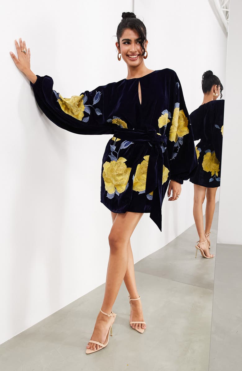 ASOS DESIGN EDITION Floral Embroidered Long Sleeve Minidress, Main, color,