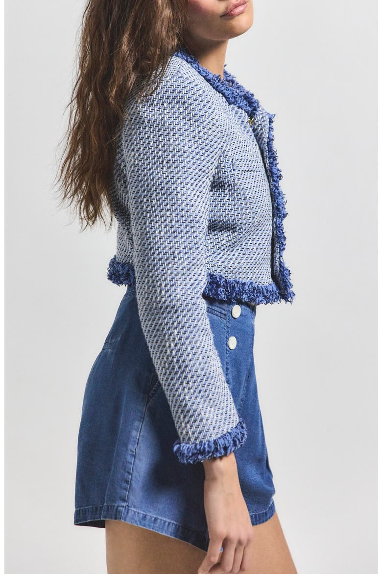 Asuka Fringe Detail Cotton Blend Tweed Crop Jacket, Alternate, color, INDIGO MULTI
