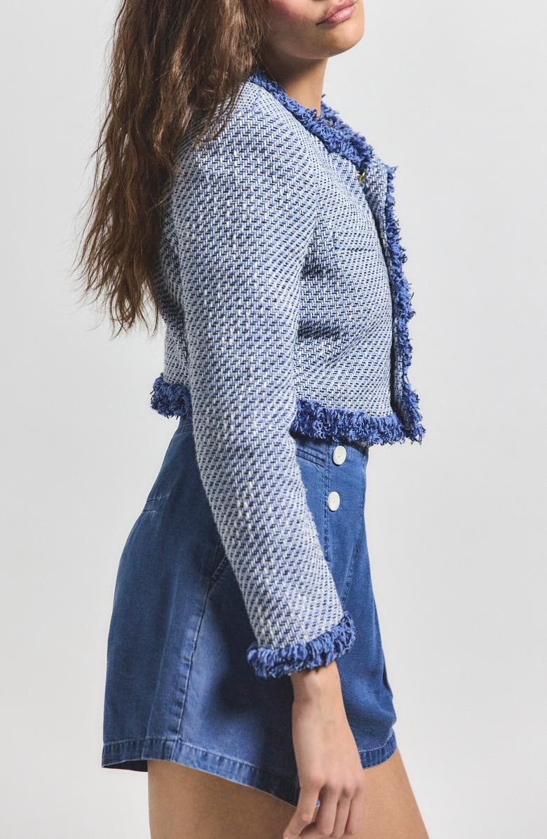 Derek Lam 10 Crosby Asuka Fringe Detail Cotton Blend Tweed Crop Jacket, Alternate, color, Indigo Multi