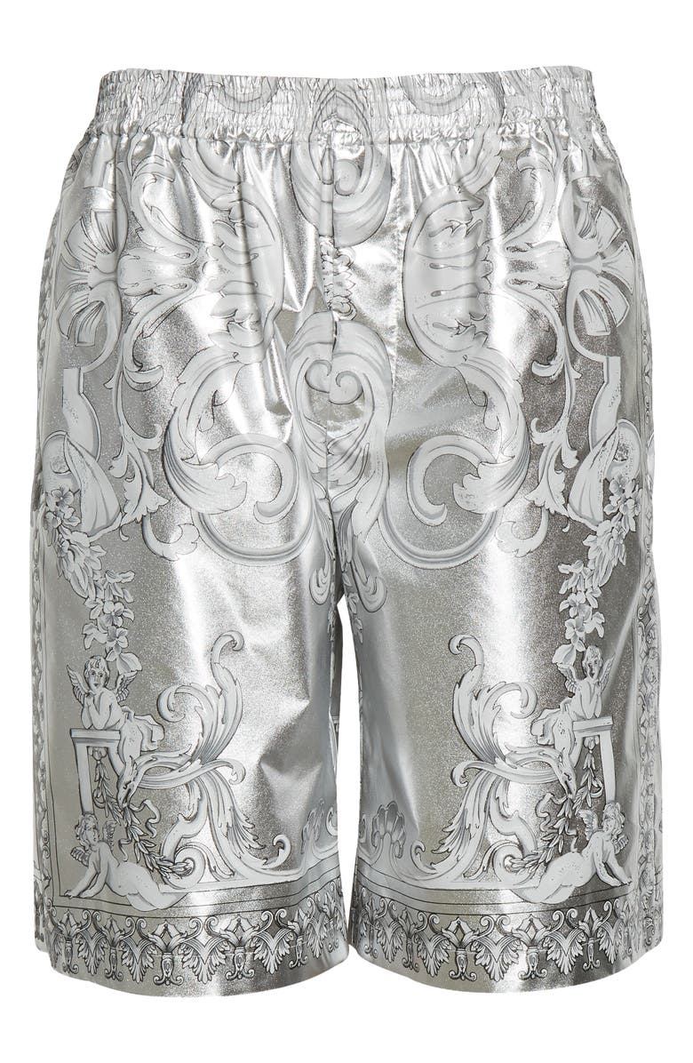 Versace Men's Silver Baroque Silk Shorts, Alternate, color, 