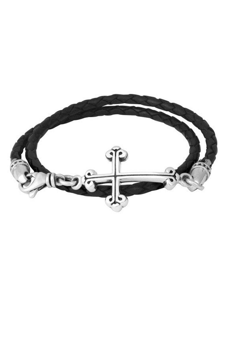 King Baby Studio Thin Braided Leather Traditional Cross Double Wrapped Bracelet, Main, color, 