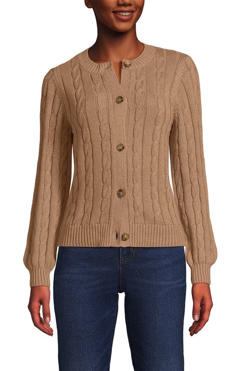 Lands' End Drifter Classic Cable Crew Neck Cardigan Sweater