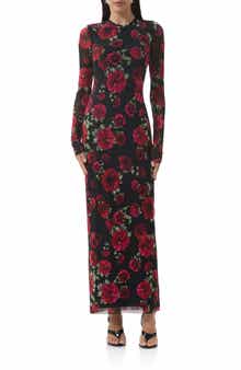 AFRM Didi Printed Long Sleeve Mesh Maxi Dress