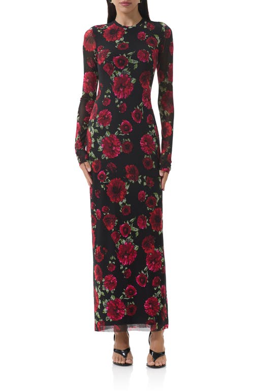Afrm Didi Printed Long Sleeve Mesh Maxi Dress In Black