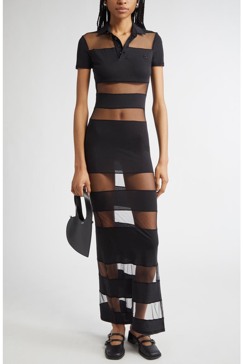 Stripe Sheer Polo Dress, Main, color, BLACK