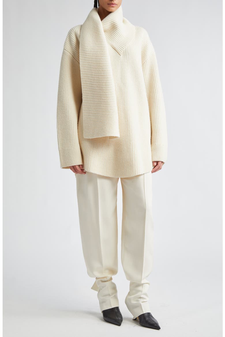 Draped Scarf Oversize Funnel Neck Wool Rib Sweater, Alternate, color, OFF WHITE