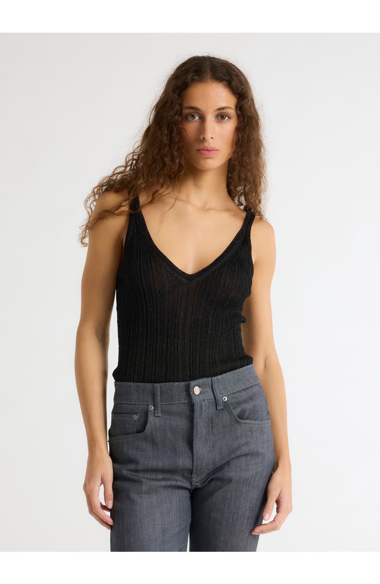 Majestic Filatures Novelty Metallic Rib V-Neck Tank, Main, color, Metal Black