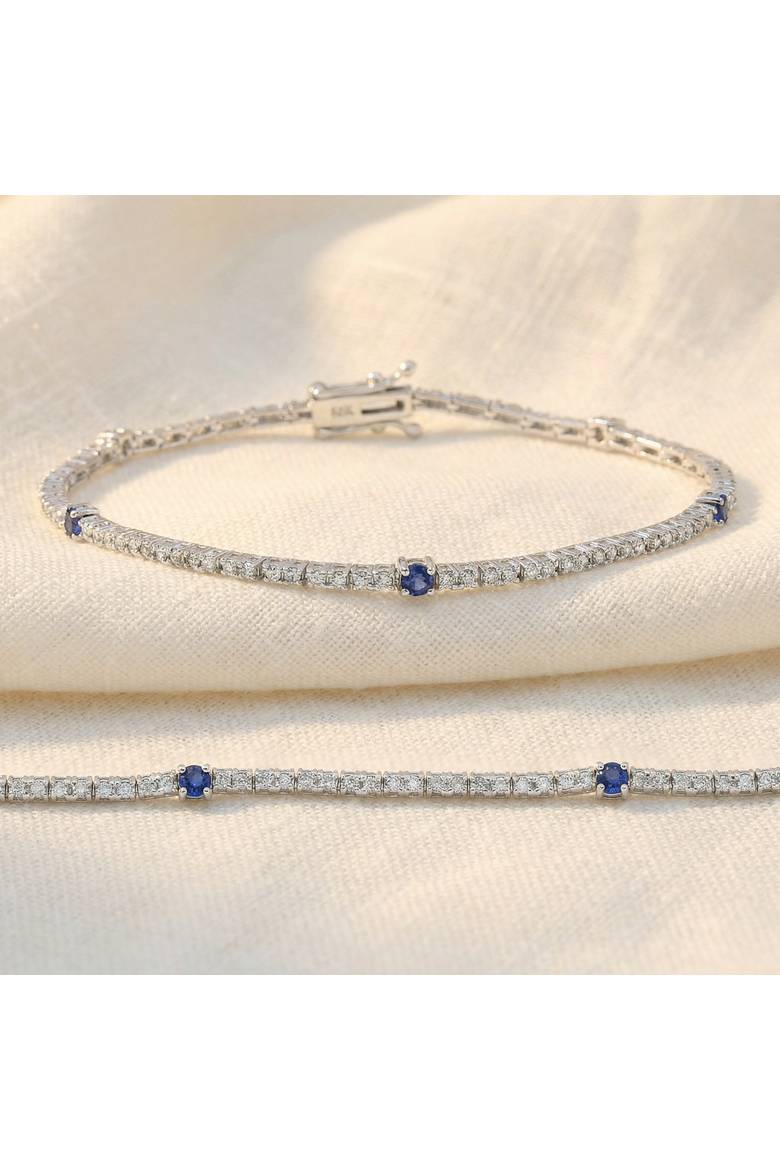 1 1/10 Ct Diamond & Blue Sapphire Tennis Bracelet 14k Gold 7" Lab Grown, Alternate, color, 14k White Gold