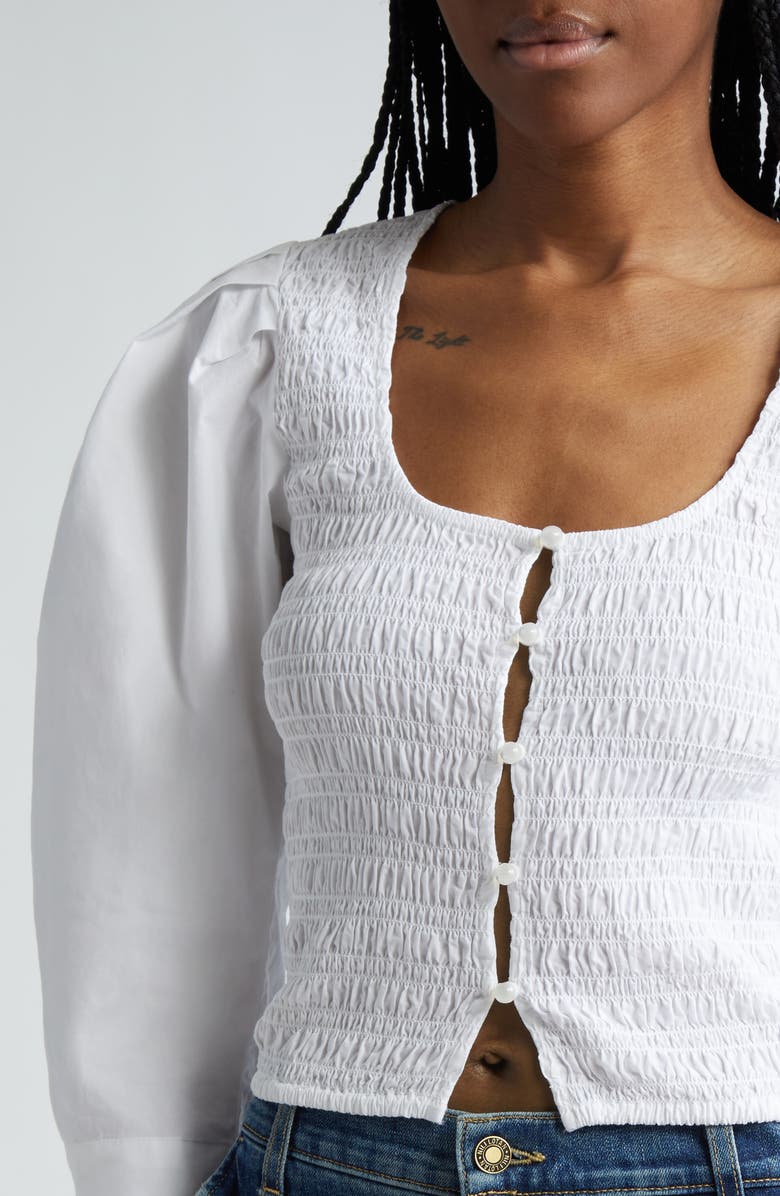 Ganni Shirred Lantern Sleeve Organic Cotton Poplin Top, Alternate, color, 