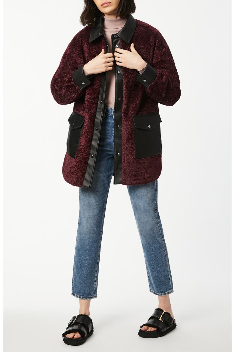 Faux Shearling Shirt Jacket with Faux Leather Trim, Alternate, color, MERLOT