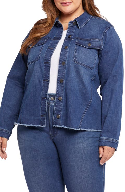 Fray Hem Denim Trucker Jacket (Plus Size)