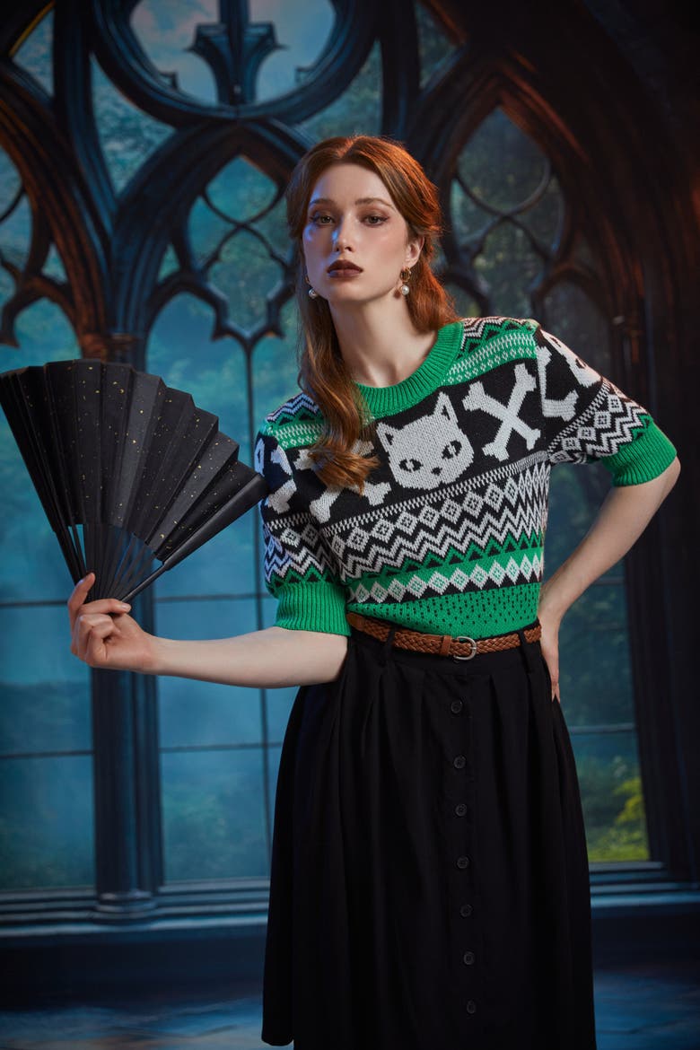 Midnight Familiar Fair Isle Halloween Cat Sweater, Alternate, color, Nine Lives