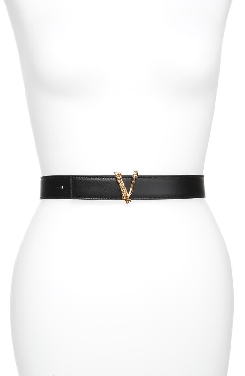 Versace V Buckle Leather Belt, Main, color,