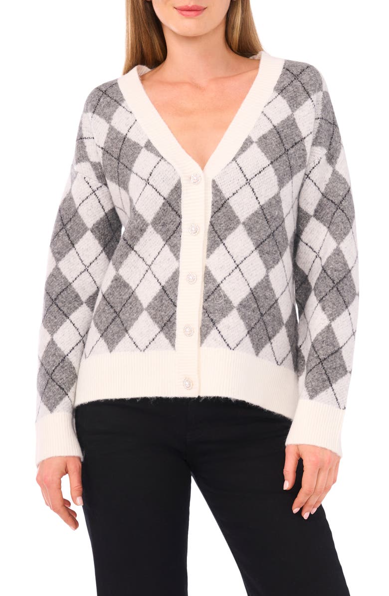 CeCe Argyle V-Neck Cardigan, Main, color, Antique White