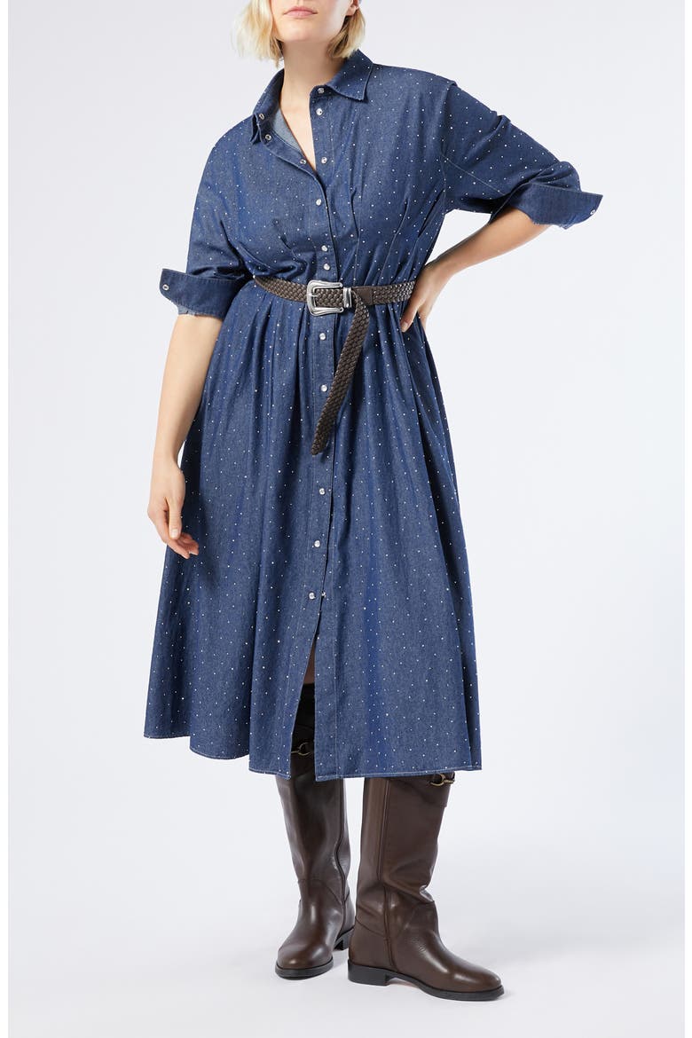 Jimco Rhinestone Detail Long Sleeve Denim Shirtdress, Main, color, NAVY