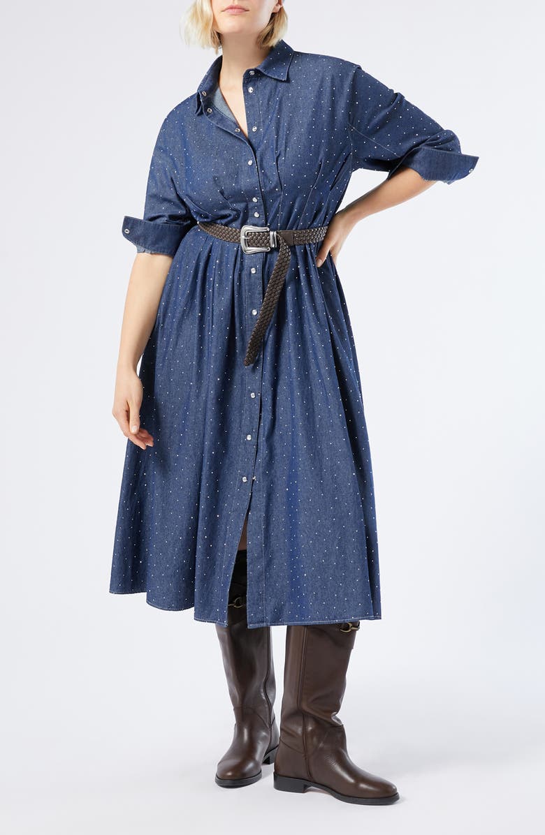 Marina Rinaldi Jimco Rhinestone Detail Long Sleeve Denim Shirtdress, Main, color, Navy