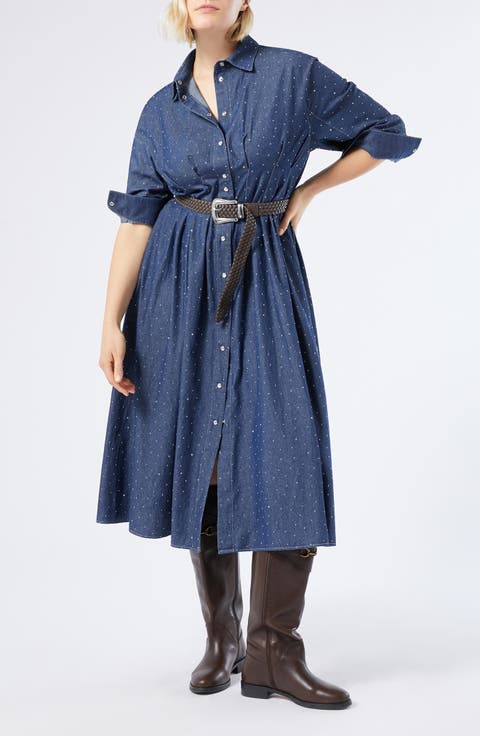 Jimco Rhinestone Detail Long Sleeve Denim Shirtdress (Plus)