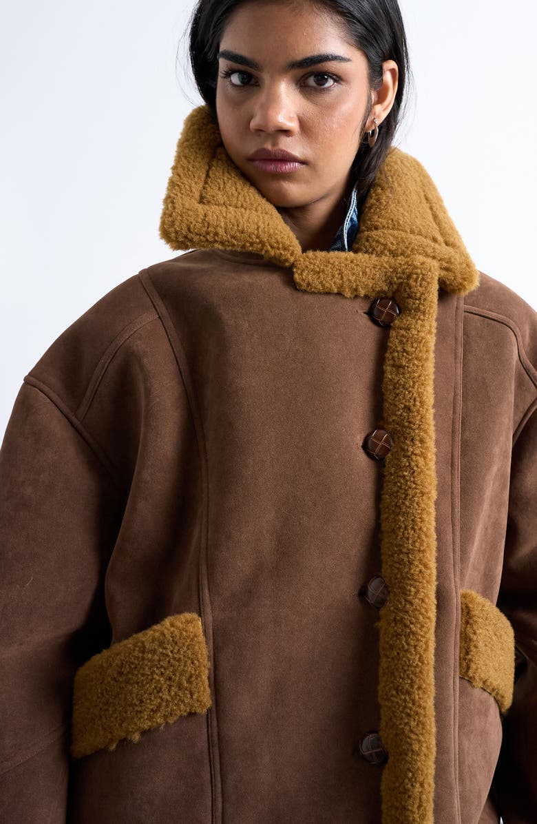 Topshop Oversize Faux Shearling Car Coat, Alternate, color, Brown