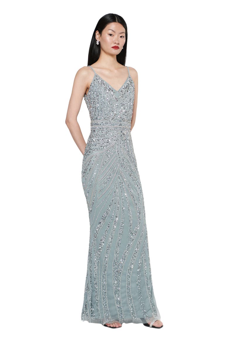 Occasion Embellished Sequin Beaded Strap Evening Dress, Alternate, color, MISTY GREY