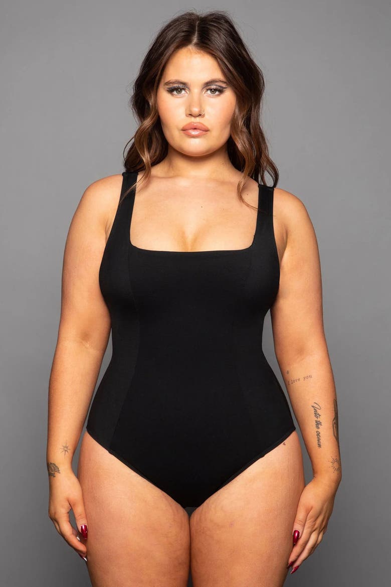 Mega Sculpting Square Neck One Piece Swimsuit, Alternate, color, Black