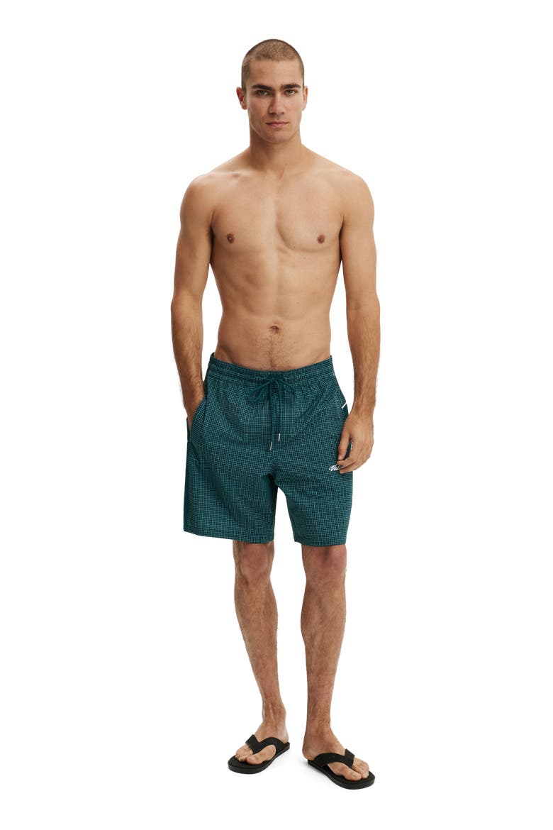 Men's Baggy Swim Short, Alternate, color, Teal Check Seersucker
