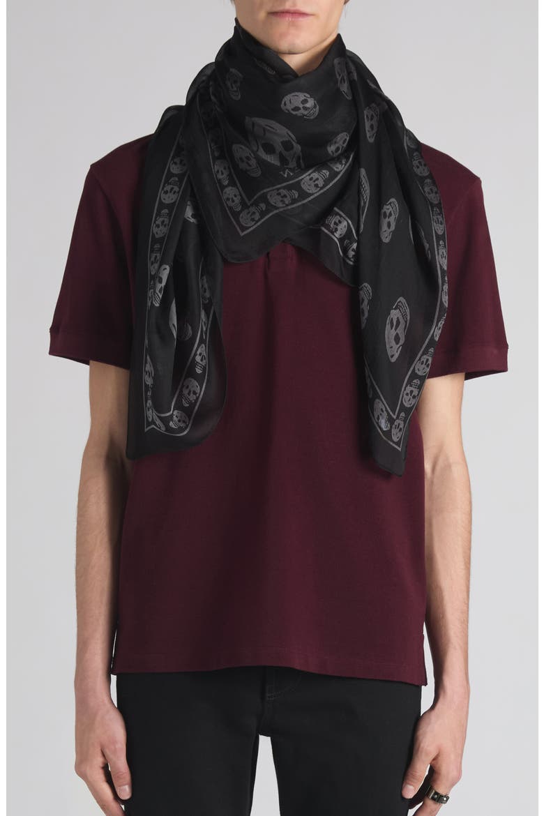 Skull Print Silk Scarf, Alternate, color, BLACK/ DARK GREY