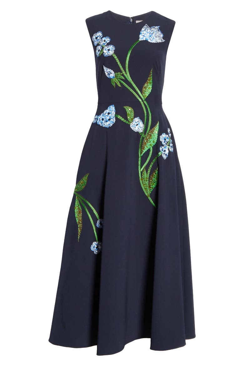 Floral Embroidered Stretch Crepe Midi Dress, Alternate, color, NAVY