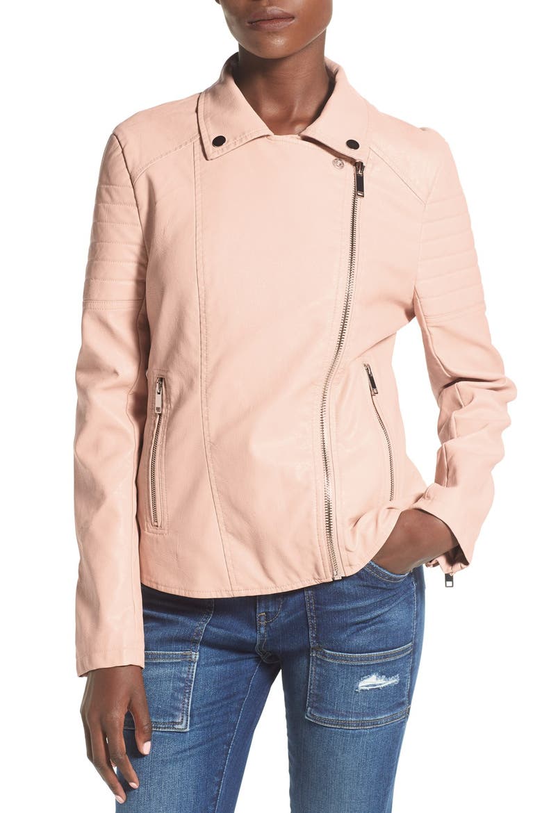 Faux Leather Quilted Sleeve Moto Jacket, Alternate, color, PINK