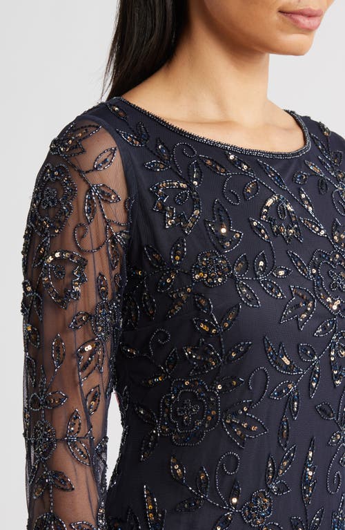 Pisarro Nights Floral Beaded Tulle Gown In Blue