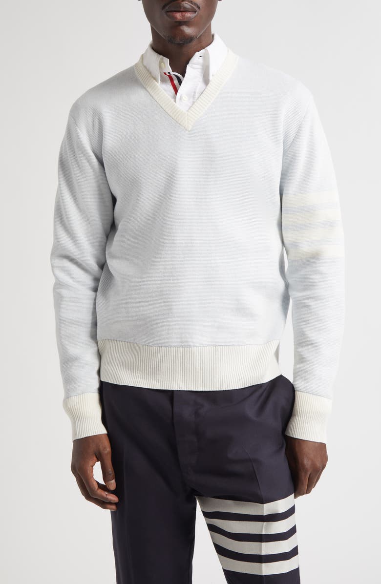 Thom Browne Relaxed Fit 4-Bar Textured Stripe V-Neck Linen & Cotton Sweater, Main, color, Light Blue
