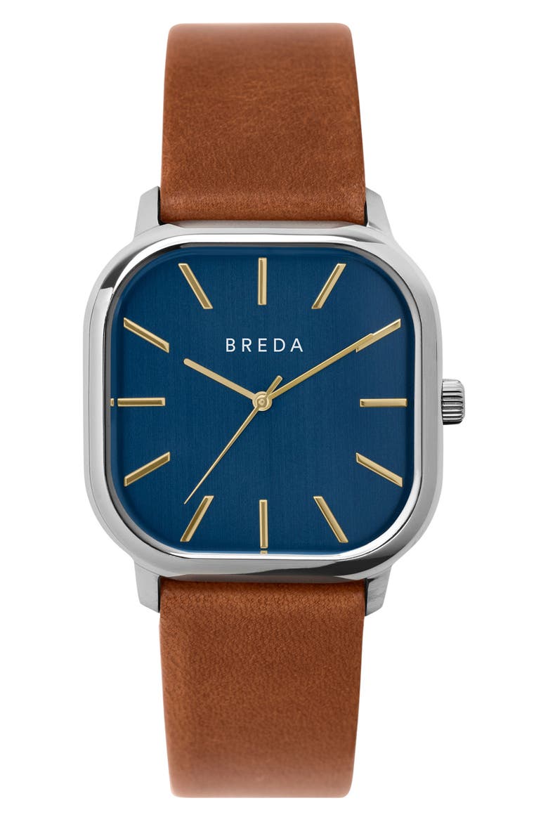 Visser Square Leather Strap Watch, 35mm, Main, color, BROWN/ BLUE/ SILVER