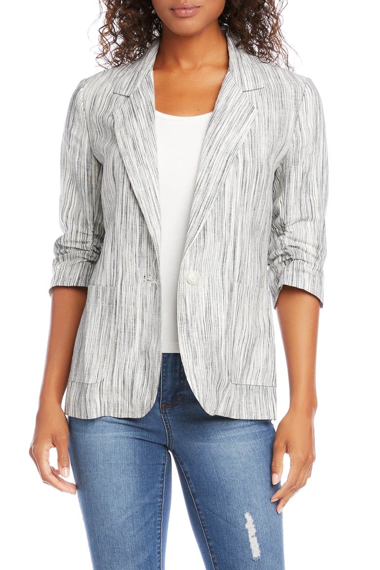 Stripe Ruched Sleeve Linen Jacket, Main, color, GRAY