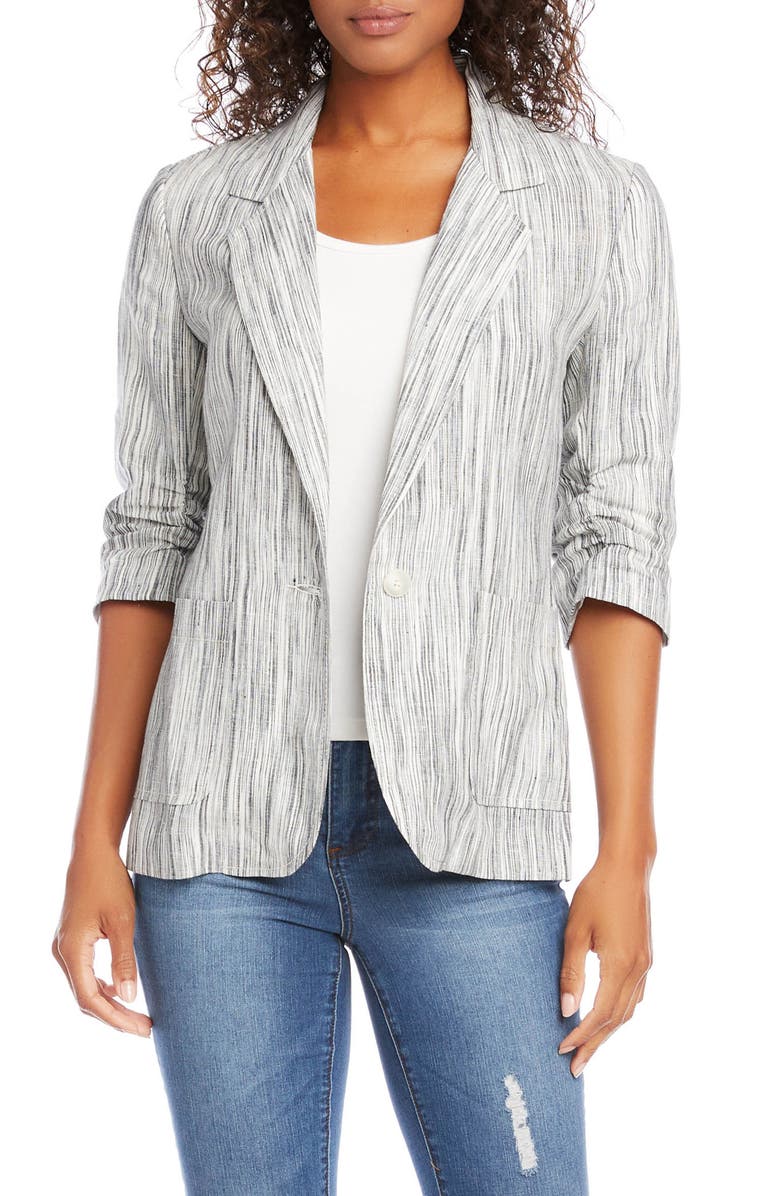 Karen Kane Stripe Ruched Sleeve Linen Jacket, Main, color,
