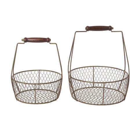 Set of 2 Metal 12.5 Inch Black and Rustic White Decorative Baskets for Spring Home Decor