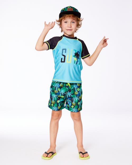 DEUX PAR DEUX DEUX PAR DEUX BOY'S PRINTED SWIM TRUNKS GREEN JUNGLE ON BLACK