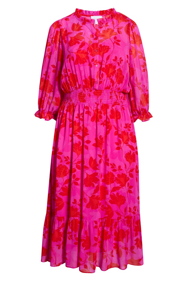 Irene Kensie Floral Long Sleeve Smock Waist Dress, Alternate, color, FUCHSIA-RED