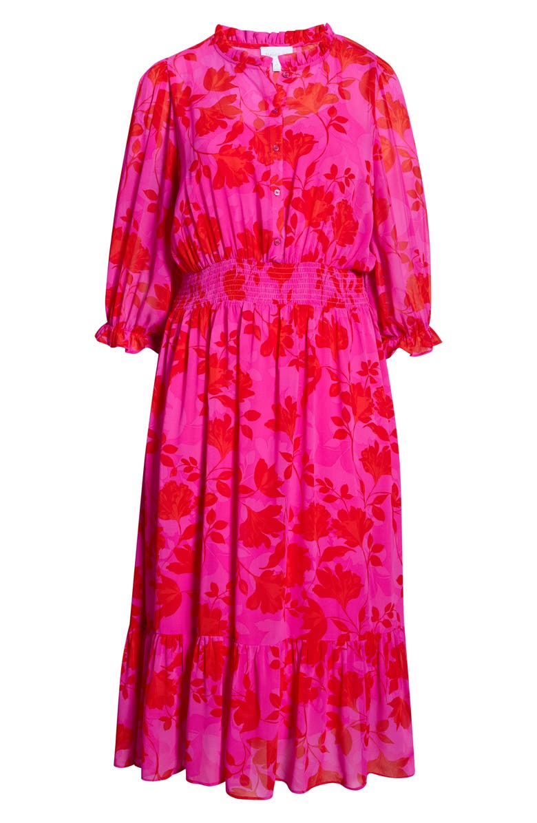 SUGARLIPS Irene Kensie Floral Long Sleeve Smock Waist Dress, Alternate, color, Fuchsia-Red