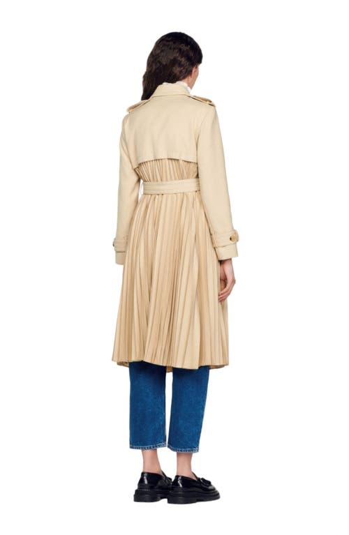 Sandro Pleated Trench Coat With Belt In Beige