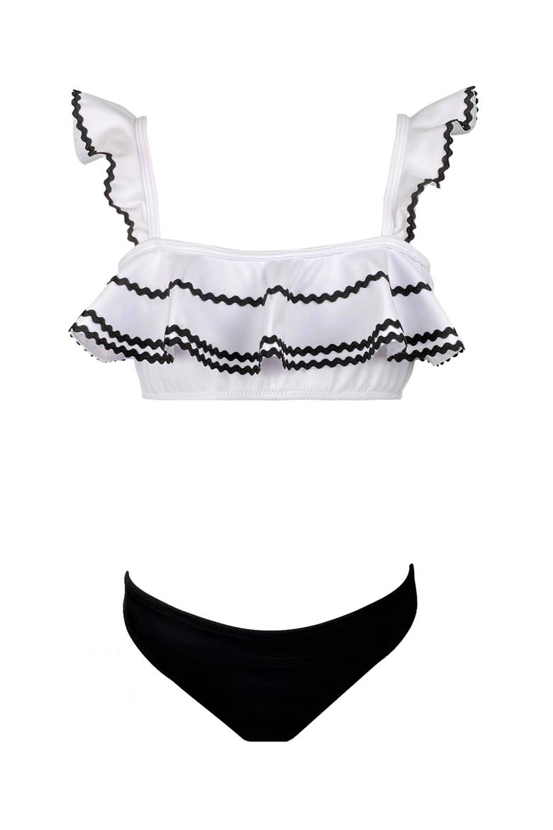 Kids' Ruffle Ric-Rac Trim Two-Piece Swimsuit, Main, color, White-Black