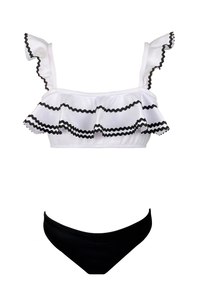 NESSI BYRD Kids' Ruffle Ric-Rac Trim Two-Piece Swimsuit, Main, color, White-Black